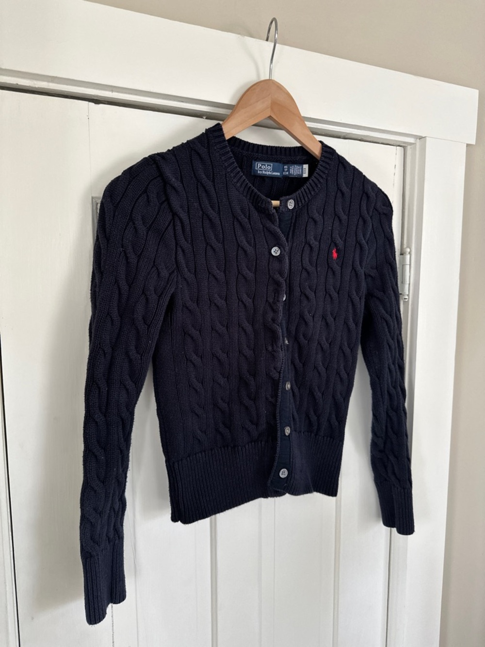 Polo by Ralph Lauren Cable-Knit Cotton Crewneck Cardigan in Hunter Navy - Picture 4 of 7